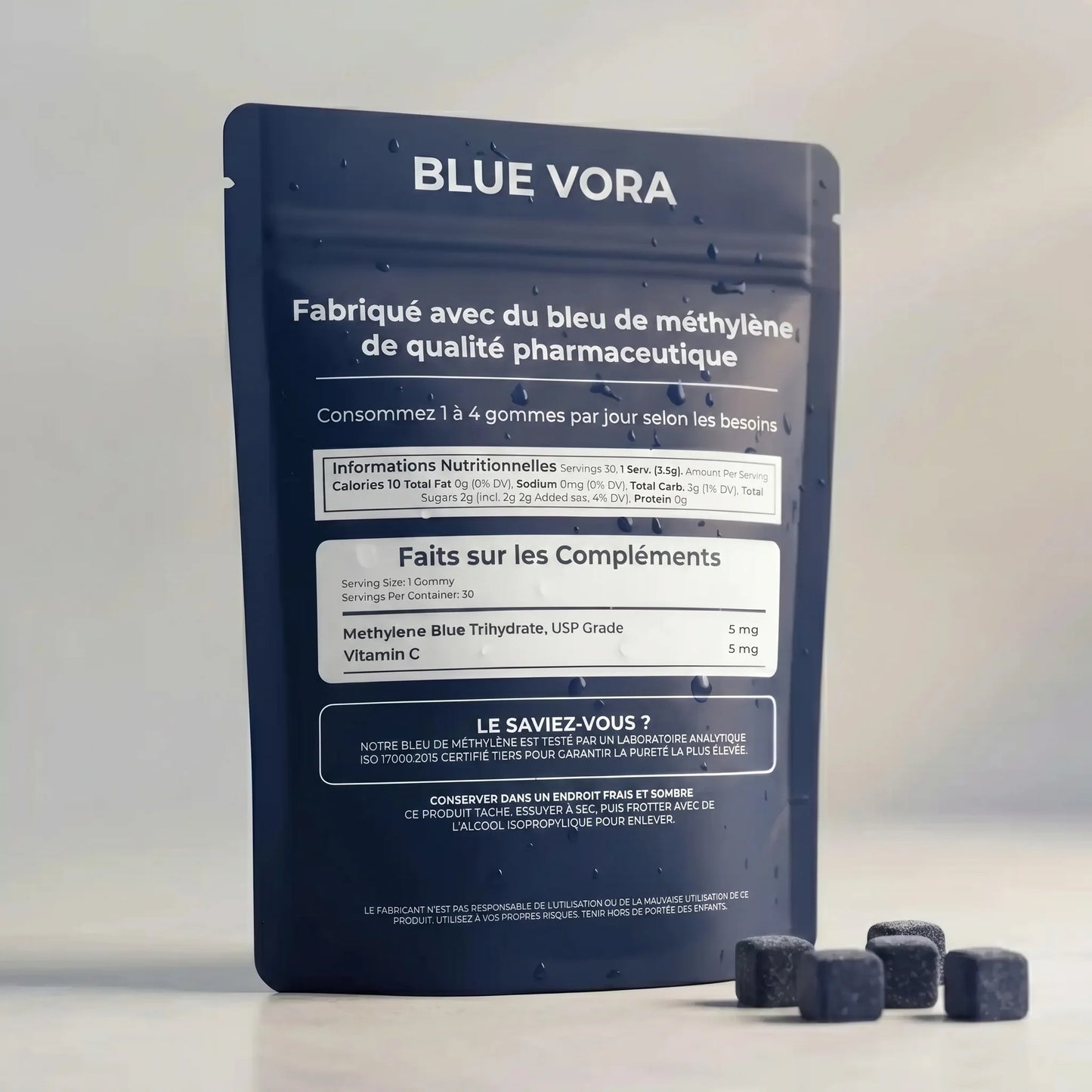 BlueVora – Gommes au Bleu de Méthylène, Qualité Pharmaceutique USP CI