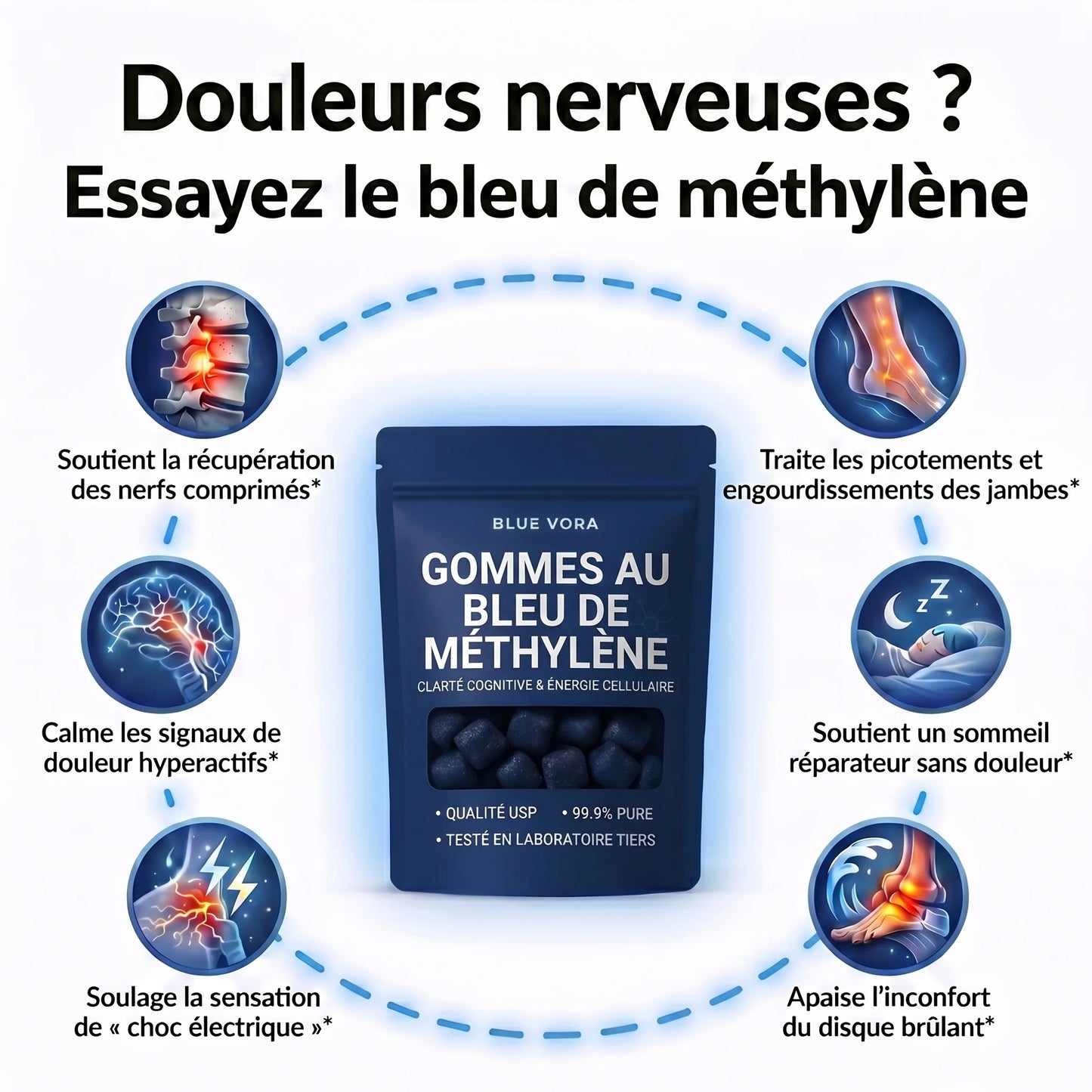 BlueVora – Gommes au Bleu de Méthylène, Qualité Pharmaceutique USP CI